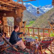 Sitting on the roof of a Berber house in the Atlas Mountains mountain Morocco...It symbolize the aspect of hospitality in Berber culture