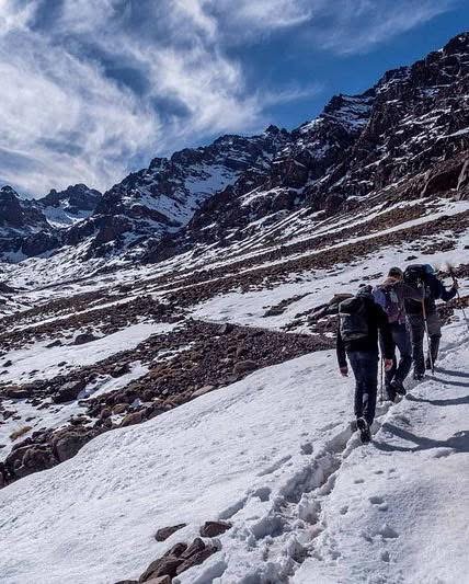 Hikers climbing Mount Toubkal from Imlil