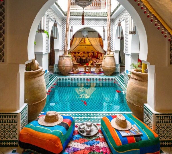 How Much Does a Week Trekking in Morocco Cost From the UK? 6 Marrakech riad courtyard, typical pre-trek accommodation